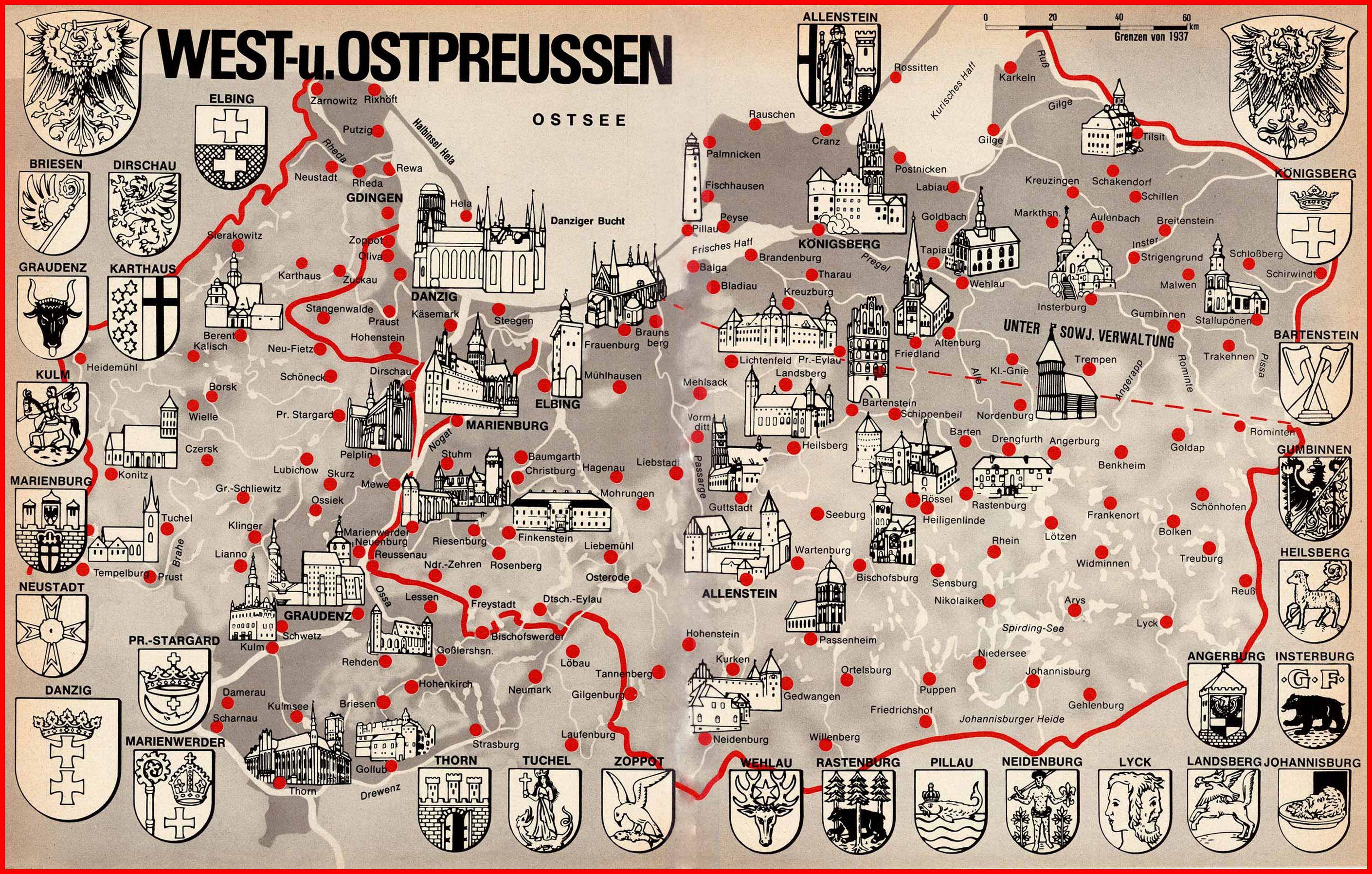 Bildkarte von West- und Ostpreußen mit den Grenzen von 1937 und einer Nachbearbeitung von nach 1945